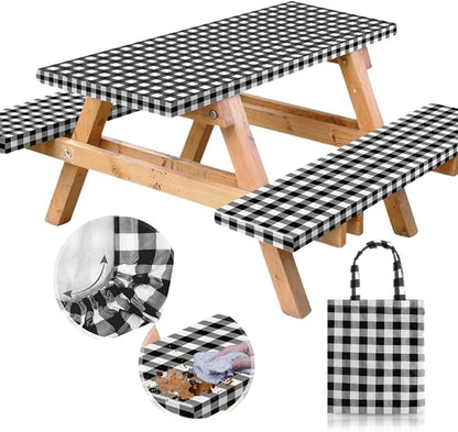 Vinyl Fitted Picnic Table Cover with Bench Covers & Bag 8ft Black Checkered | Vinyl Fitted Picnic Table Cover with Bench Covers and Bag, Outdoor Waterproof Windproof Picnic Tablecloth with Elastic Edges.