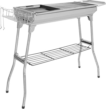 Charcoal BBQ Grill Portable Folding Stainless Steel Silver 100x31x71cm Large Capacity