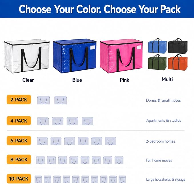 ClearSpace Oversized Moving Bags or Storage Bag – Large Moving Boxes with Backpack Straps, Zippers & Handles – Heavy-Duty Packing Bags for Moving, College Dorm, Christmas Decorations, 2 Pack