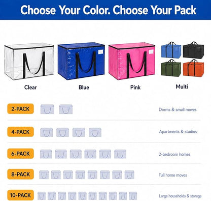 ClearSpace Oversized Moving Bags or Storage Bag – Large Moving Boxes with Backpack Straps, Zippers & Handles – Heavy-Duty Packing Bags for Moving, College Dorm, Christmas Decorations, 8 Pack.