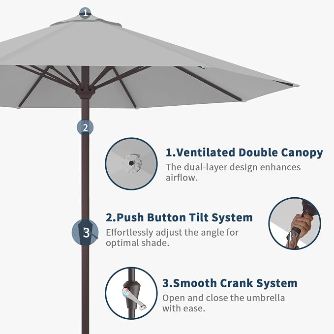 9FT Patio Umbrella Outdoor Table Umbrella w/Push Button Tilt and Crank, 8 Sturdy Ribs, UV Resistant Waterproof Market Umbrella for Pool, Deck, Backyard, Garden, Light Gray
