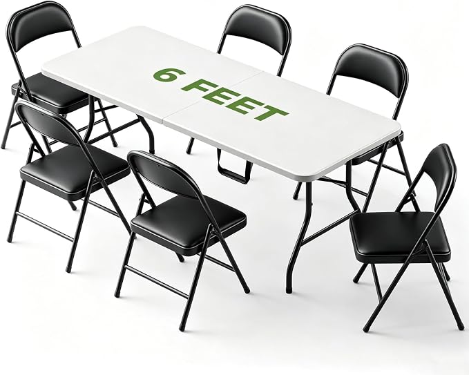 Folding Dining Table Set for 6, 6FT Foldable Plastic Table with Carrying Handle & 6 PU Leather Padded Folding Chairs, Portable Table and Chairs Set for Indoor Outdoor, Party, Wedding, Picnic, Camping