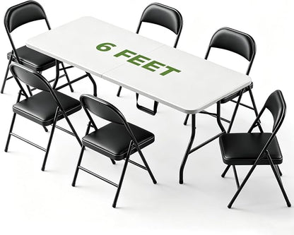 Folding Dining Table Set for 6, 6FT Foldable Plastic Table with Carrying Handle & 6 PU Leather Padded Folding Chairs, Portable Table and Chairs Set for Indoor Outdoor, Party, Wedding, Picnic, Camping