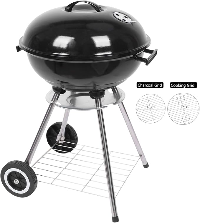 Portable 18inch Charcoal Grill for Outdoor,Charcoal Stove Enamel Barbecue Grill and Smoker Heat Control Round BBQ Kettle for Picnic Patio Backyard Garden Camping Hiking Cooking Travel,Black