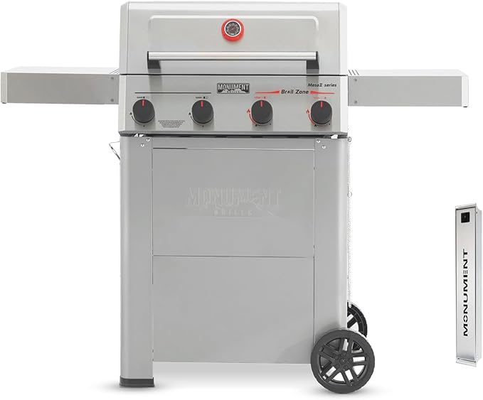 Monument Grills 4 Burner Propane Gas Grill with Advanced Broil Zone, Stainless Steel Barbecue M2 Grill with Smoker Box, Foldable Side Shelves, Fast Heating, Assembles in 30 Minutes, Mesa II 410FBZ
