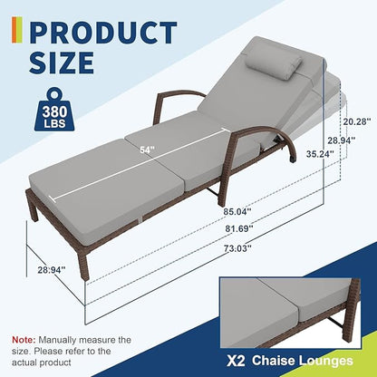 Garvee Outdoor Chaise Lounge Chairs Set of 2, PE Rattan Wicker Patio Lounge Chairs with 5-Position Adjustable Backrest, 3.5" Cushions & Wheels, 380 lbs Capacity Heavy Duty Pool Lounge Chair,Grey