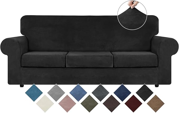 WEERRW 4 Pieces Couch Cover for Sofa Velvet Sofa Covers Washable, Black | Sofa Covers for 3 Cushion Couch Furniture Protector Sofa Slipcovers with Non Slip Elastic Bottom, Pet Friendly, Large