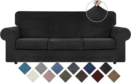 WEERRW 4 Pieces Couch Cover for Sofa Velvet Sofa Covers Washable, Black | Sofa Covers for 3 Cushion Couch Furniture Protector Sofa Slipcovers with Non Slip Elastic Bottom, Pet Friendly, Large