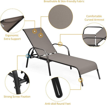 Tangkula Lounge Chair Outdoor, Patio Chaise Lounge with Adjustable Backrest, Reclining Pool Lounge Chair for Outside with Heavy Duty Steel Frame, Suitable for Beach, Yard, Balcony, Poolside