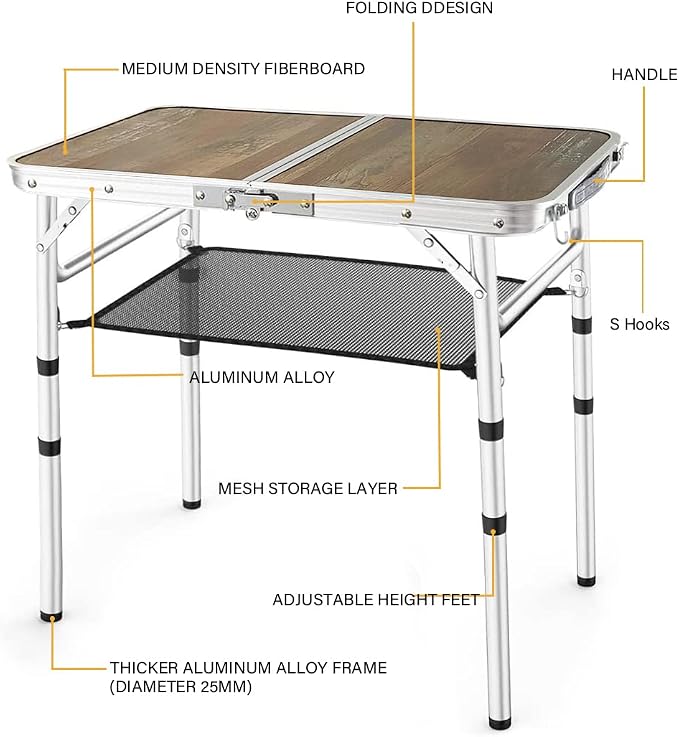 YihuiKo Small Folding Table, Portable Picnic Table with Adjustable Height | Storage Mesh Layer, Carrying Handle, Lightweight Folding Table, For Outdoor/Indoor, Aluminum Alloy Frame, 16"x 24"x 24"