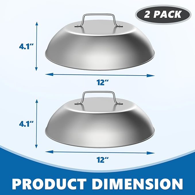 SafBbcue 2 Sets Flat top Grill Accessories 12" Cheese Melting Dome Basting Cover for Blackstone, Pitboss, Camp Chef Steamer Pizza Oven/Wok Cover, Food Metal Dome Cover for Grill Cooking Accessories