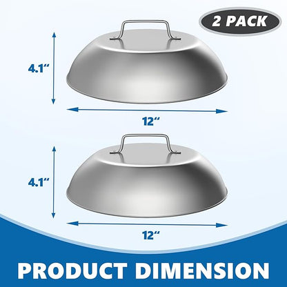 SafBbcue 2 Sets Flat top Grill Accessories 12" Cheese Melting Dome Basting Cover for Blackstone, Pitboss, Camp Chef Steamer Pizza Oven/Wok Cover, Food Metal Dome Cover for Grill Cooking Accessories