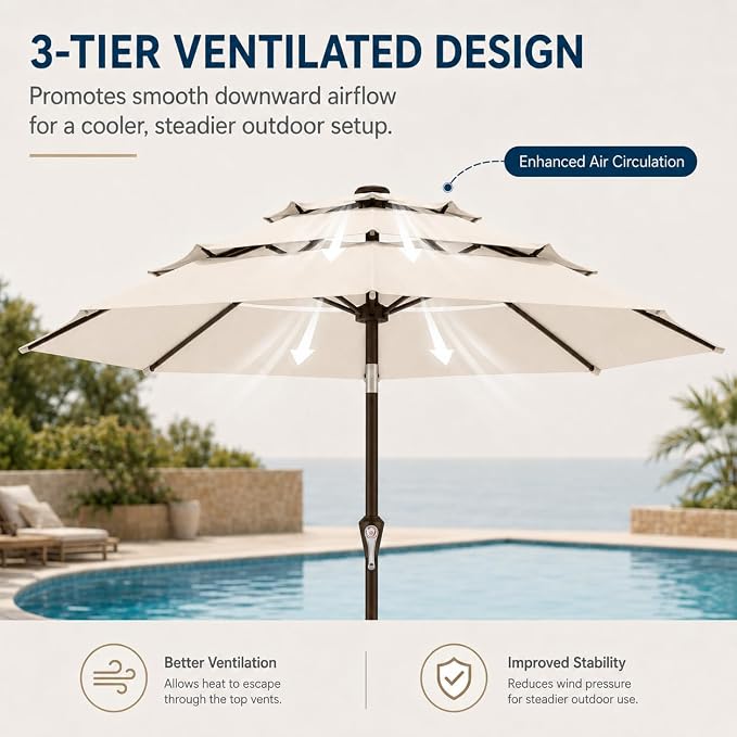 10ft Patio Umbrella, 3-Tier Vented Outdoor Table Umbrella with 8 Sturdy Fiberglass Ribs, Windproof Market Umbrella with Push Button Tilt and Crank, UV Protection for Deck, Pool, Creamy White