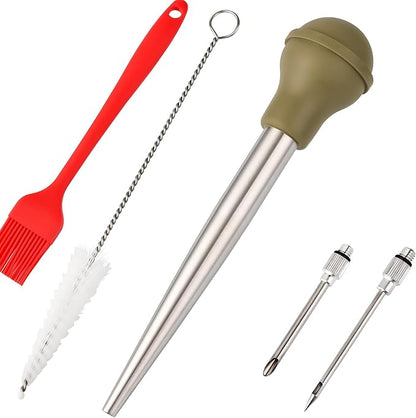 Turkey Baster, 18/8 Stainless Steel Turkey Baster Syringe for Cooking, Meat Injector Baster Set with 2 Needles & 2 Cleaning Basting Brush, Baster for Flavor Meat Poultry, Beef&Chicken Green