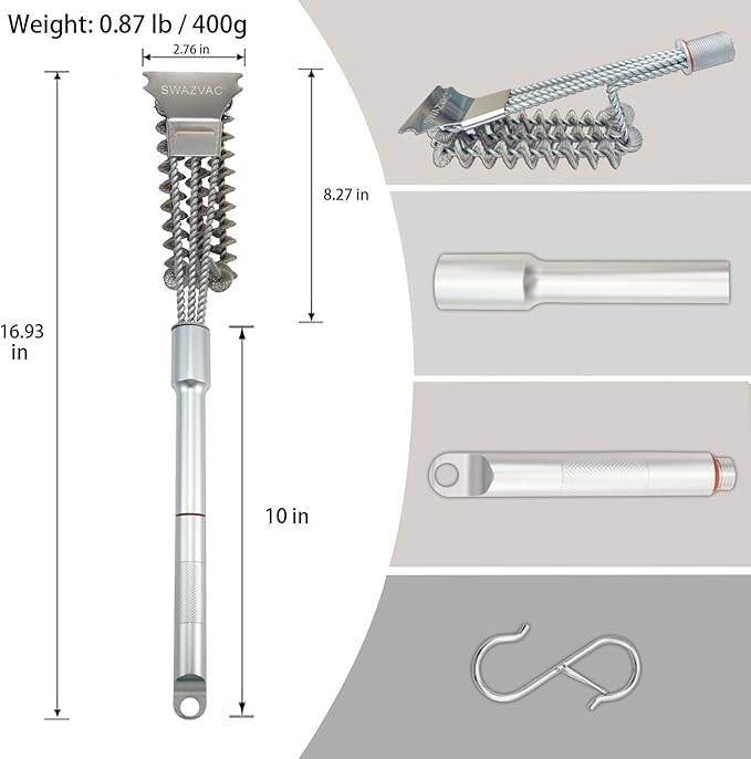 Stainless Steel BBQ Grill Brush 2.8inch with Detachable Aluminum Handle The Combination of the Coiled Wire Brush and the Sturdy Scraper, Bristle Free Detachable Design for Easy Storage
