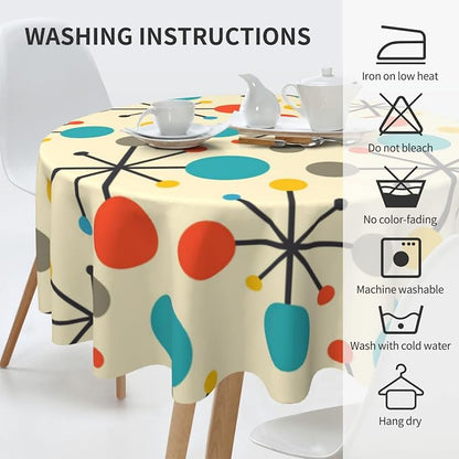 Mid Century Fifties Modern Atomic Retro Colors Tablecloth Washable Waterproof Round 60" Yellow Table Cloth for Parties Picnic Bbqs Kitchen Dining Room Decor Outdoor Indoor Table Covers