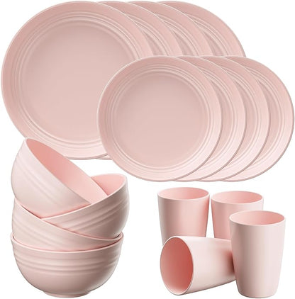 Quatish 24 Piece Plates and Bowls Sets for 6, Unbreakable Dinnerware Sets, Plastic Dish Set for Camping, Dishwasher Microwave Safe, Outdoor Kitchen and Apartment Dorm Dinning RV Essentials, Pink