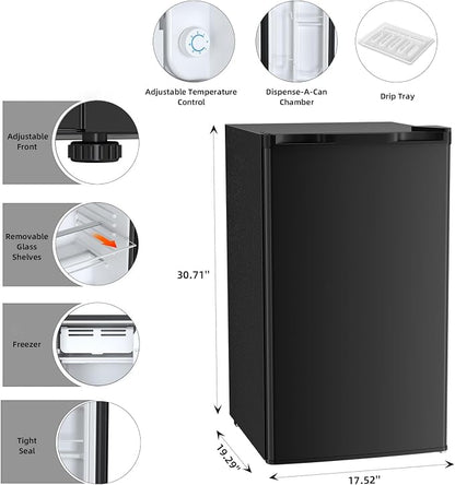 Antarctic Star Mini Compact Refrigerator with Freezer, 3.2 Cu.Ft. Single Door with Adjustable Thermostat,Removable Glass Shelves for Apartment/Dorm/Office,BLACK