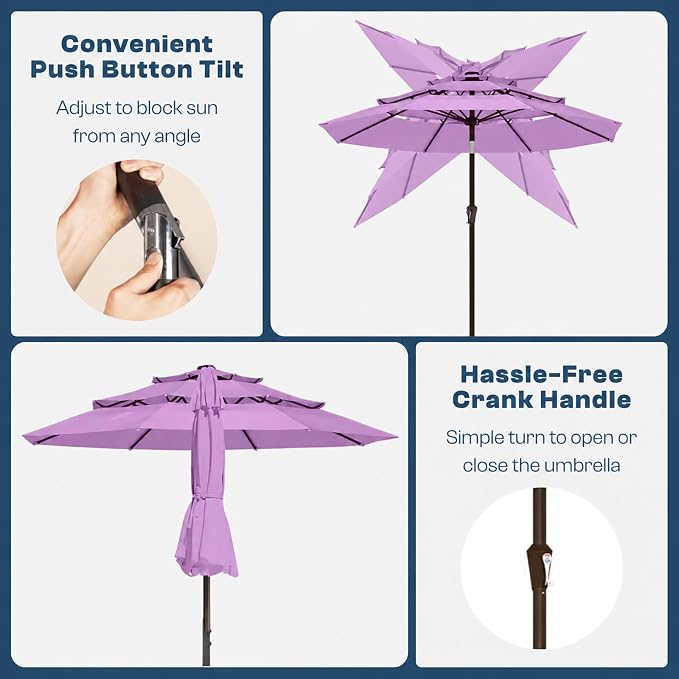 10ft 3 Tier Patio Umbrella, Outdoor Market Table Umbrella with UPF 50+ Vented Canopy, 8 Sturdy Ribs, Easy Push Button Tilt and Crank, Windproof for Deck, Pool, Backyard and Garden
