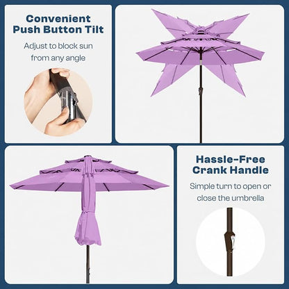 10ft 3 Tier Patio Umbrella, Outdoor Market Table Umbrella with UPF 50+ Vented Canopy, 8 Sturdy Ribs, Easy Push Button Tilt and Crank, Windproof for Deck, Pool, Backyard and Garden