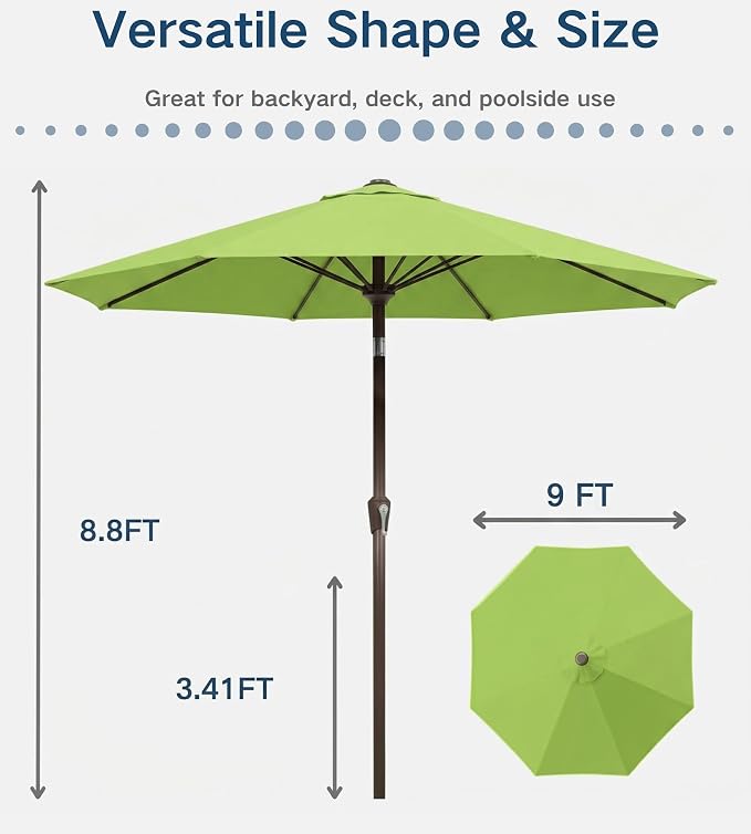 PatioKingdom Auto-Tilt 9FT Patio Umbrella Outdoor with 8 Sturdy Fiberglass Ribs,Market Table Umbrella for Pool,Backyard,Deck and Garden