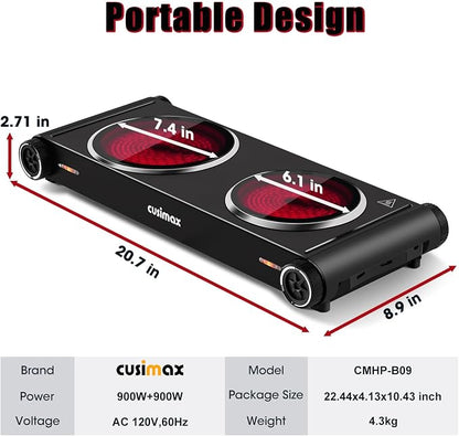 CUSIMAX Hot Plate for Cooking,1800w Double Infrared,Portable Electric Stove,Adjustable Temperature Control,Glass Plate Double Cooktop for Dorm Office Home Camp,Stainless Steel
