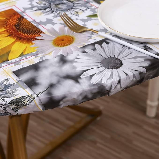 Walrus Round Vinyl Fitted Tablecloth with Flannel Backing Elastic Edge Design Table Cover Waterproof Oil-Proof PVC Table Cloth Stain-Resistant Best for 37"-44" Round