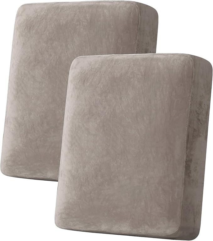 H.VERSAILTEX Velvet Stretch Couch Cushion Cover Plush Cushion Slipcover for Chair Loveseat Sofa Cushion Furniture Protector Seat Cushion Sofa Cover (2 Piece Medium Sofa Cushion Covers, Taupe)