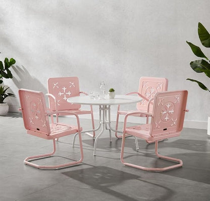 Crosley Furniture Azalea 5-Piece Vintage Outdoor Dining Set for 4, Retro Metal Round Patio Table and Chairs, Pastel Pink Gloss/White Satin
