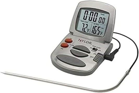 Digital thermometer with a probe on a white background