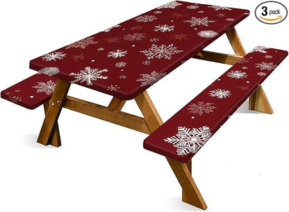Christmas Picnic Table Cover with Bench Covers Set, Elastic Fitted Tablecloth for Outdoor Picnic Tables, Red Snowflake Pattern, Durable Vinyl Table Cover for Camping, BBQs, and Parties