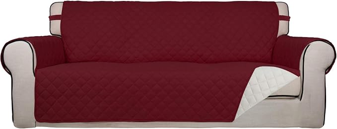 PureFit Reversible Quilted Sofa Cover Dog Couch Covers for Sofa, 66 in | Red/Ivory, Water Resistant Couch Protector, Washable Pet Couch Cover with Non Slip and Elastic Straps For Kids