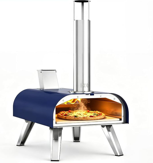 BIG HORN 12" Multi-Fuel Outdoor Pizza Oven Reach up to 1110℉– 3-in-1 Wood,Gas &Electric Compatible(Burners Sold Separately),Pellet Pizza Oven Portable Pizza Maker for Backyard, Camping&Tailgating,Blue