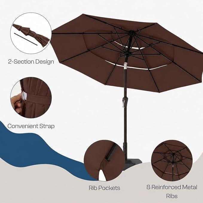 10ft 3 Tier Patio Umbrella, Outdoor Market Table Umbrella with UPF 50+ Vented Canopy, 8 Sturdy Ribs, Easy Push Button Tilt and Crank, Windproof for Deck, Pool, Backyard and Garden
