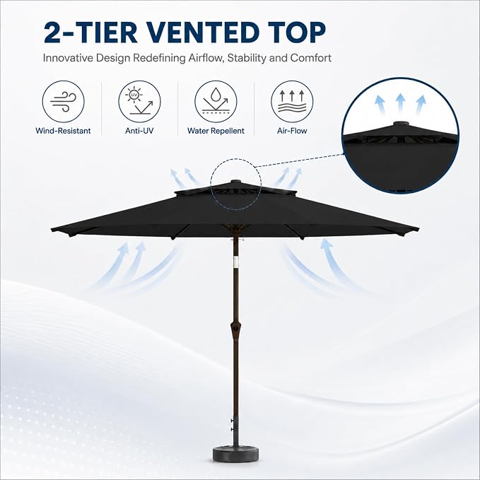 10FT Patio Umbrella, 2 Tier Outdoor Table Umbrella, Large Vented Market Umbrellas with Push Button Tilt and Crank, 8 Sturdy Ribs for Backyard, Deck, Pool, UPF50+ UV Protection