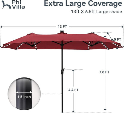 PHI VILLA 13ft Patio Umbrella with Solar-Powered 120 PCS LED Color-Changing Lights, Triple-Head Large Rectangle Umbrella Outdoor Patio for Table with Crank Lift,Dark Red(No Base)