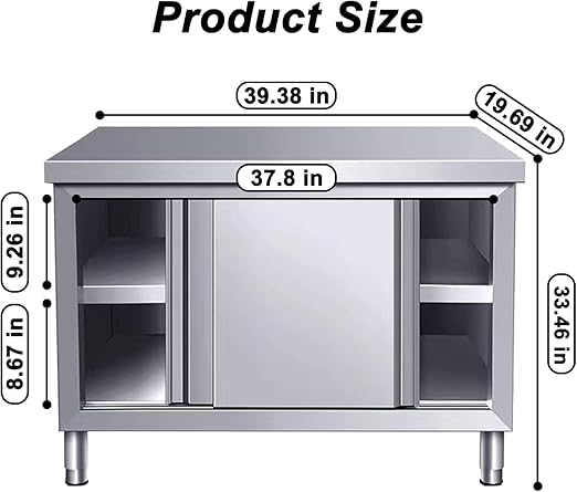 Stainless Steel Commercial Worktable w/Sliding Doors for Prep & Work, 39" x 20" Commercial Kitchen Prep Table, Heavy Duty Workbench w/Cabinet for Home, Restaurant, Hotel and Garage