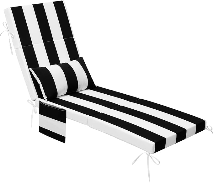 Crestlive Products Foldable Outdoor Chaise Lounge Cushions with Head Pillow and Side Pockets,Water Repellent & Fade Resistant Lounge Chair Cushion, 72''L x 21''W, Black Stripe