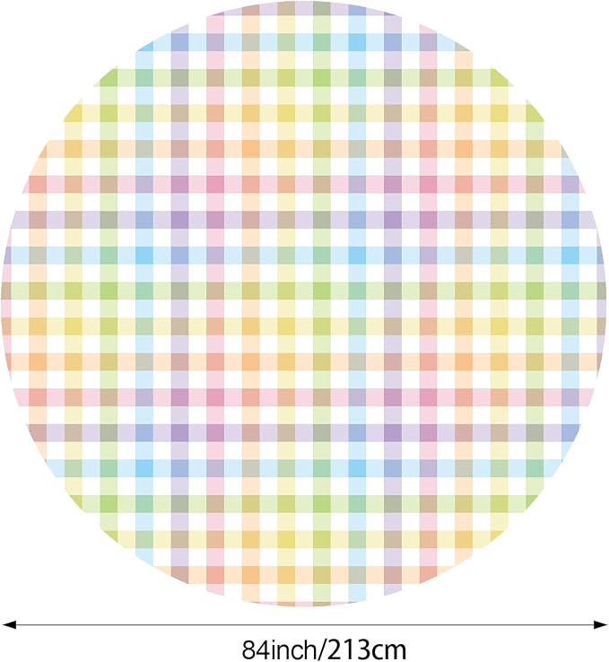 Spring Disposable Checkered Tablecloth Round Plastic Buffalo Plaid Table Cloth 84'' Gingham Pastel Tablecover for Picnic Camping BBQ Graduation Party(Macaron Colors, 6 Pieces)
