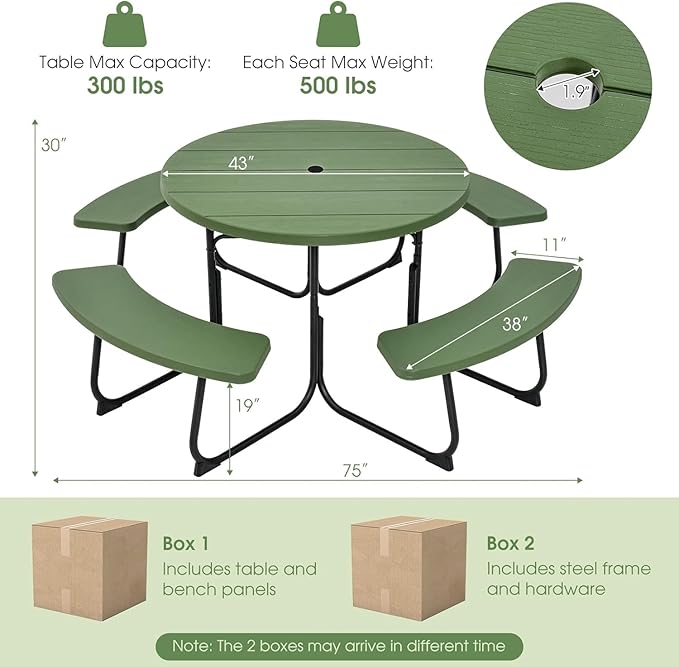 Round Picnic Table for Outdoors, 8 Person Outdoor Picnic Tables & Benches Set with Umbrella Hole, HDPE Tabletop & Metal Frame, 2000 LBS Capacity Table Bench Set for BBQ, Garden, Lawn, Patio