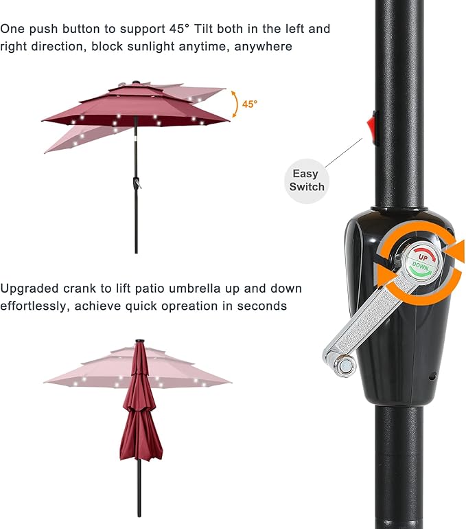 ABCCANOPY 10FT 3-Tiers Solar Led Patio Umbrellas (Burgundy)