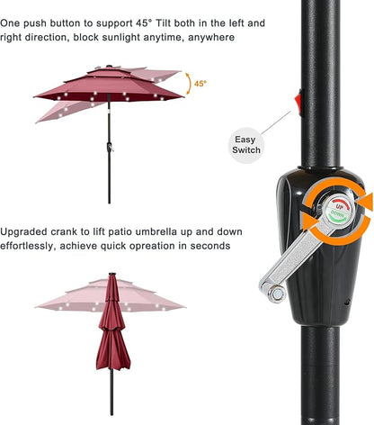 ABCCANOPY 10FT 3-Tiers Solar Led Patio Umbrellas (Burgundy)