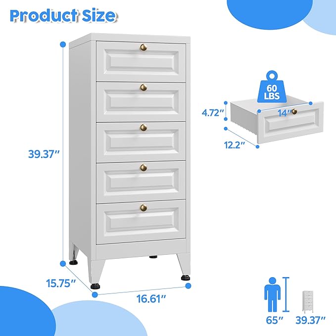Metal Bathroom Storage Cabinet with 5 Drawers, Freestanding Bathroom Floor Cabinet for Home, Living Room, Assembly Required, White, 39.4" H x 16.6" W x 15.8" D