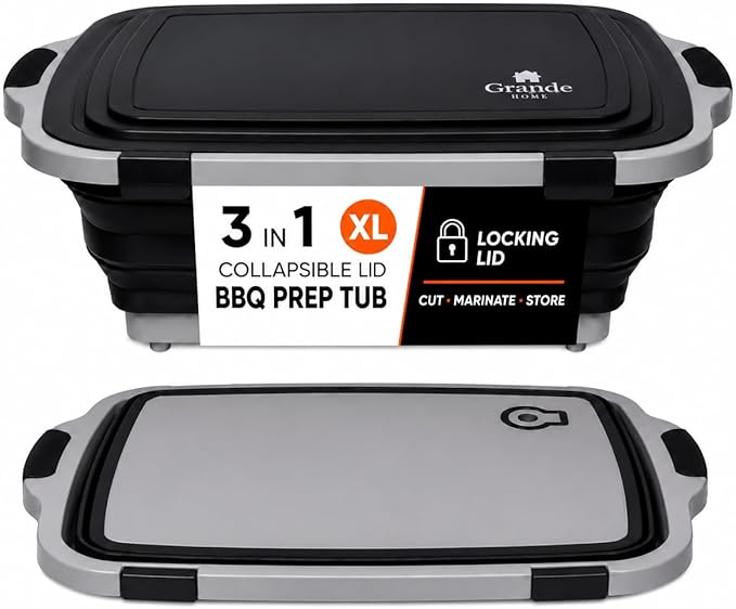 Collapsible BBQ Prep Tub with Lid and Cutting Board, XL Grilling Container | Perfect for Meal Prep, Marinade, Storage, Camping, Barbecue, Smoked, Party, Turkey, Beef, Chicken, Locking Lid, Large Size