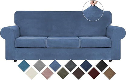 WEERRW 4 Pieces Couch Cover for Sofa Velvet Slipcovers Washable, Light Blue | Sofa Covers for 3 Cushion Couch Furniture Protector Sofa Slipcovers with Non Slip Elastic Bottom, Pet Friendly, Large