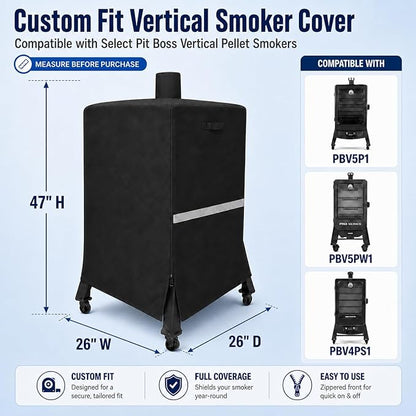 Vertical Smoker Cover Compatible with Pit Boss 4/5 Series, 73550 Pellet Smoker Cover for PBV5P1, PBV5PW1 and PBV4PS1, 600D Heavy Duty Outdoor Smoker Cover with Zipper and Air Vents