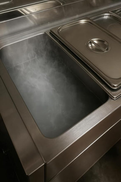 5 Pan Steam Table Food Warmer Cart | Heavy Duty Commercial Stainless Steel | Portable 4 Wheels | Outdoor Propane | 3 Condiment Containers | 8 Total Standard 1/3 Pans (12” x 6” x 4”) | CSA Approved | Catering, Home, and Backyard Use