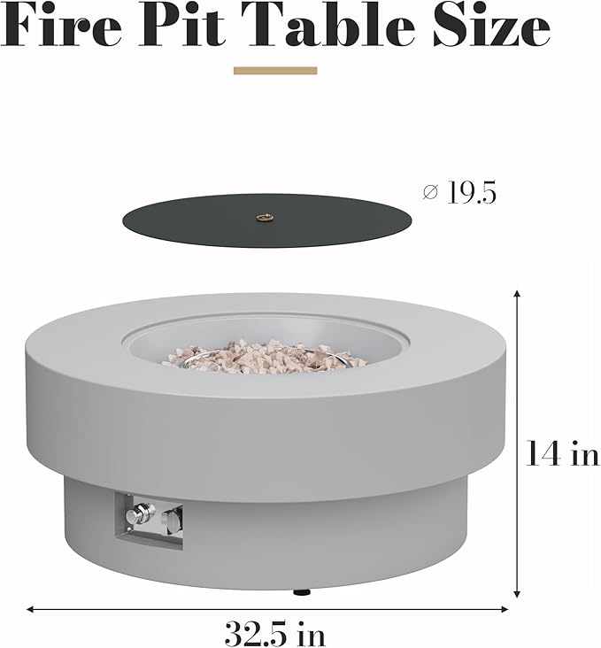 32.5 Inch Propane Fire Pit Table, 50,000 BTU Round Patio Fire Pit Table Outdoor, CSA Certified, Stainless Burner with Steel Lid, Waterproof Cover & Lava Rocks, for Garden Backyard, Gray