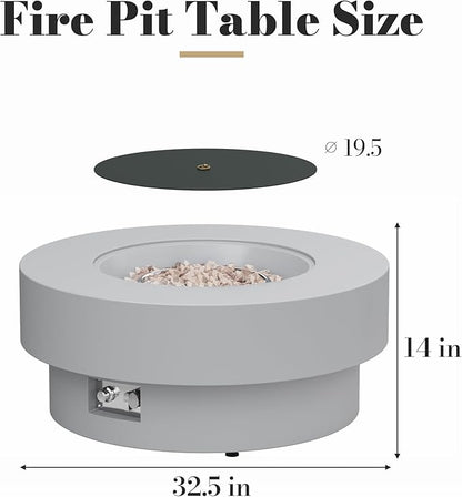 32.5 Inch Propane Fire Pit Table, 50,000 BTU Round Patio Fire Pit Table Outdoor, CSA Certified, Stainless Burner with Steel Lid, Waterproof Cover & Lava Rocks, for Garden Backyard, Gray