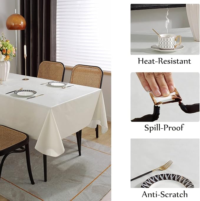 SASTYBALE Off White Vinyl Tablecloth with Flannel Backing, 60 x 102 Inch | Waterproof PVC Surface, Wipeable Rectangular Table Cover for Kitchen, Dining, Brunches, Weddings and Gatherings